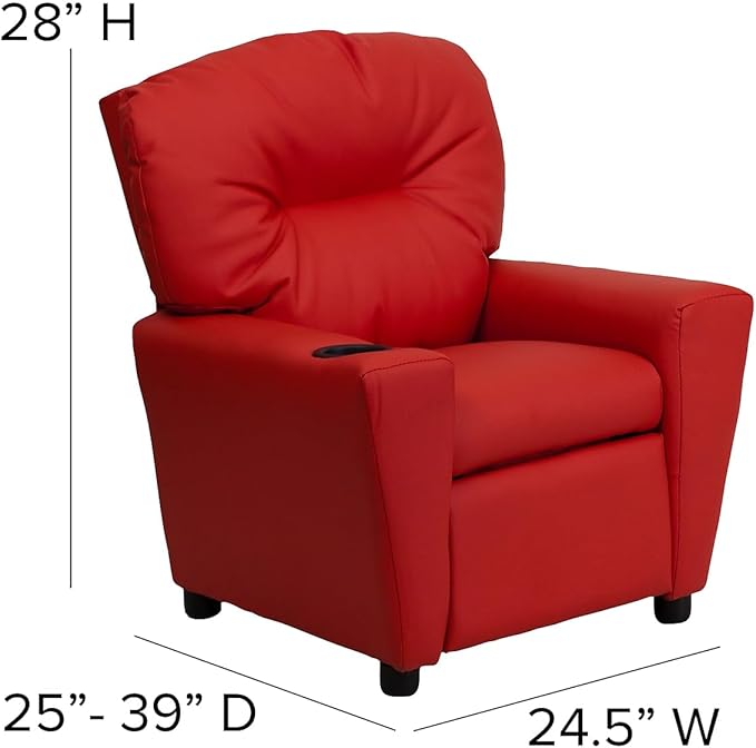 Flash Furniture Chandler Vinyl Kids Recliner with Cup Holder and Safety Recline, Contemporary Reclining Chair for Kids, Supports up to 90 lbs., Red
