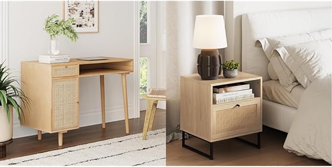 Nathan James Jacklyn Modern Home Office Writing Desk and Mina Rattan Wood End Side Accent Table Nightstand, Natural Brown and Oak/Black