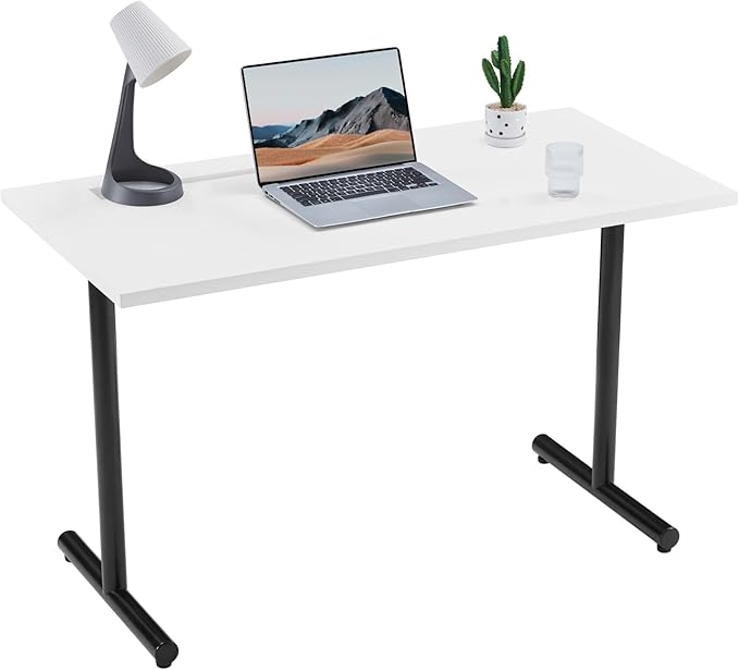 Sunon Home Office 47" Computer Desk Wood Writing Table with Cable Managemant, Black Metal Frame, White