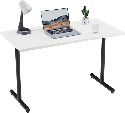 Sunon Home Office 47" Computer Desk Wood Writing Table with Cable Managemant, Black Metal Frame, White