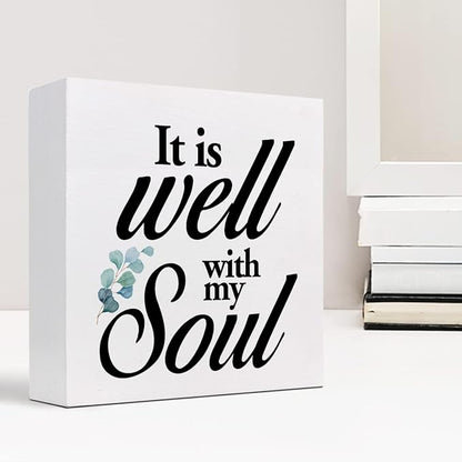 Christian Quote It Is Well With My Soul Wood Box Sign,Holy Bible Quote Decor Desk Sign,Inspirational Song and Hymn Wooden Block Sign for Home Bedroom Office Shelf Tabletop