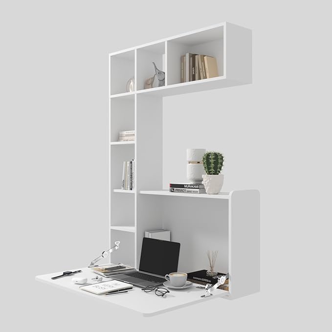 DMAITH Wall Mounted Desk, White Folding Desk for Small Spaces, Hidden Pull Down Floating Writing Desk with Storage Shelf for Home Office