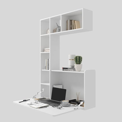 DMAITH Wall Mounted Desk, White Folding Desk for Small Spaces, Hidden Pull Down Floating Writing Desk with Storage Shelf for Home Office