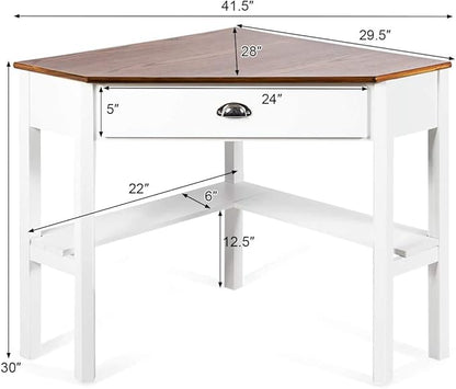 Nightcore Small, Wood Computer Desk, Compact Writing w/Drawer & Storage Shelves, Space Saving Study Workstation, Laptop PC Corner Table, Natural