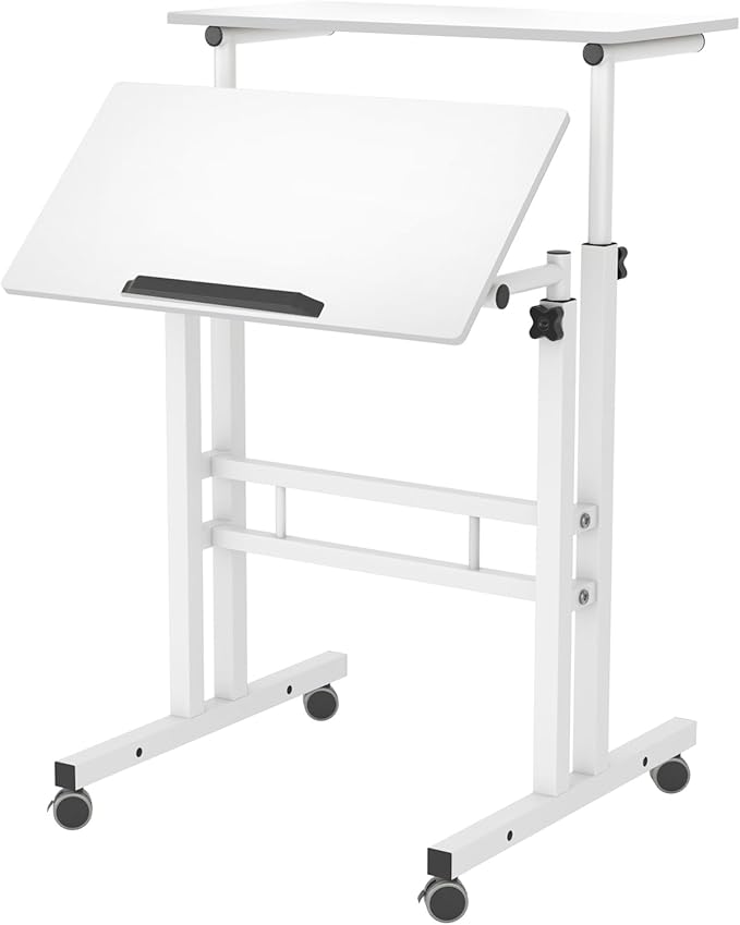 DlandHome Mobile Standing Desk Stand Up Desk Rolling Desk, Stand Sit Desk Mobile Computer Desk Adjustable Standing Desk 23.6inches Table Workstation Mobile Desk Cart Tray White
