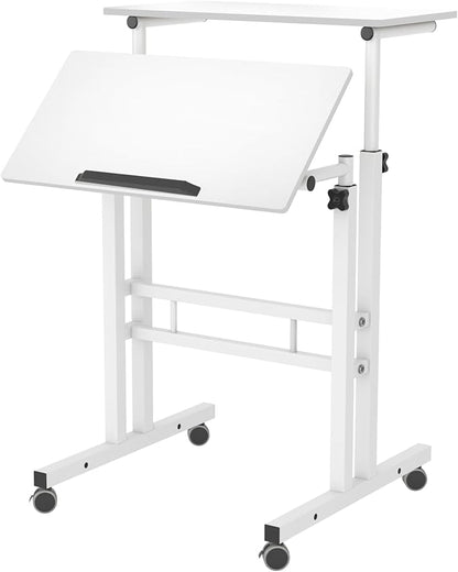 DlandHome Mobile Standing Desk Stand Up Desk Rolling Desk, Stand Sit Desk Mobile Computer Desk Adjustable Standing Desk 23.6inches Table Workstation Mobile Desk Cart Tray White