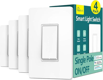 TREATLIFE Smart Light Switch Single Pole Works with Alexa, Google Home and SmartThings, 2.4GHz WiFi Timer Smart Switch, Neutral Wire Required, No Hub Required, FCC Listed, 4 Pack