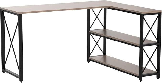 Tribesigns Reversible Industrial L-Shaped Desk with Storage Shelves, Corner Computer Desk PC Laptop Study Table Workstation for Home Office Small Space (Grey, 53")