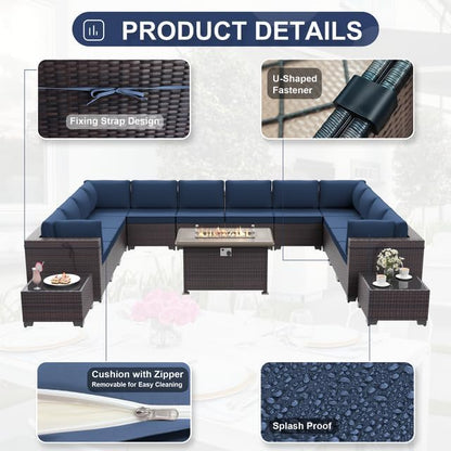 15 PCS Patio Furniture Set with Fire Pit Table Outdoor Sectional Furniture Outdoor Rattan Patio Sofa Conversation Sets with 43in 55,000 BTU Propane Gas Fire Pit Table, Navy Blue