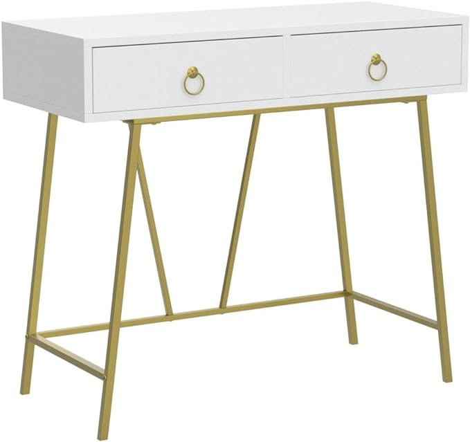 Anmytek Modern Home Office Desk, 35.4 Inch Makeup Vanity Table White Study Desk 2 Drawers Writing Desk Computer Desk with Golden Legs, D0002