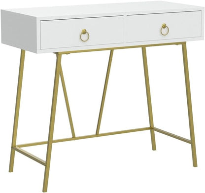 Anmytek Modern Home Office Desk, 35.4 Inch Makeup Vanity Table White Study Desk 2 Drawers Writing Desk Computer Desk with Golden Legs, D0002