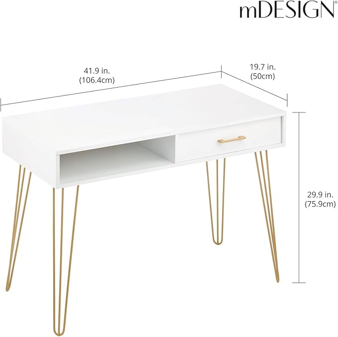 mDesign Metal/Wood Modern Computer Desk - Minimalist Desk and Computer Table with Drawer - Simple Desk with Storage Cubby and Hairpin Legs - Small Work Desk for Home Office, Study - White/Soft Brass