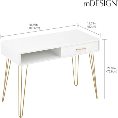 mDesign Metal/Wood Modern Computer Desk - Minimalist Desk and Computer Table with Drawer - Simple Desk with Storage Cubby and Hairpin Legs - Small Work Desk for Home Office, Study - White/Soft Brass