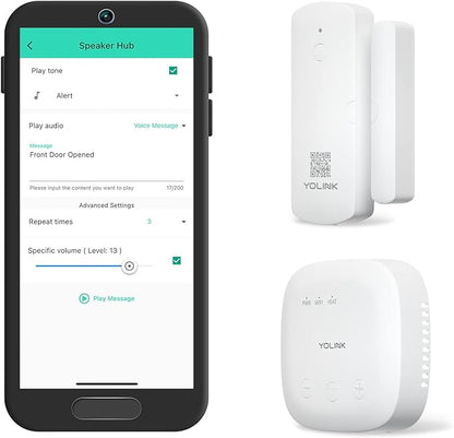 YoLink LoRa Smart Door Sensor Starter Kit: SpeakerHub Audio Hub & Door Sensor - Up to 1/4 Mile Range, Door Left-Open Reminders, up to 5 Year Batteries, Alexa, IFTTT, Home Assistant (2.4GHz WiFi Reqd)