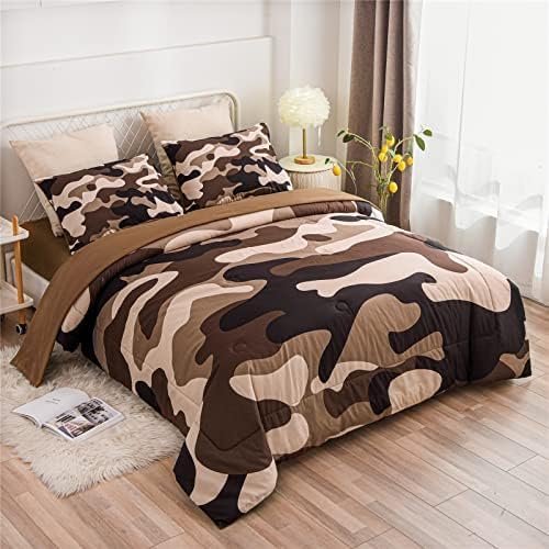 Meeting Story Camouflage Bedding Set, Colorful Pattern Style Comforter Set, 5 PCS One Comforter Two Pillowcases Two Sheets in One Bag, All Season Bedspread for Teens Adults (Coffee, Queen 5Pcs