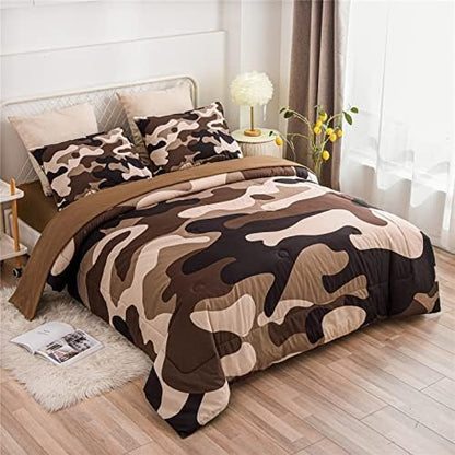 Meeting Story Camouflage Bedding Set, Colorful Pattern Style Comforter Set, 5 PCS One Comforter Two Pillowcases Two Sheets in One Bag, All Season Bedspread for Teens Adults (Coffee, Queen 5Pcs