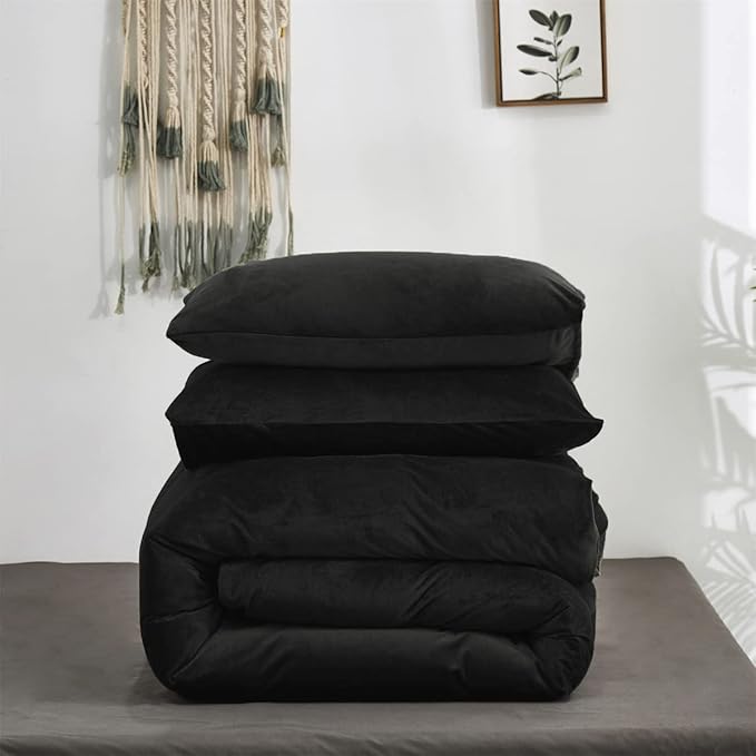 Wellboo Black Velvet Comforter Sets Queen Solid Black Fluffy Bedding Comforters Women Men Plain Dark Color Flannel Quilt Modern Minimalist All Black Comforters Queen Size Micromink Sherpa Plush Bed