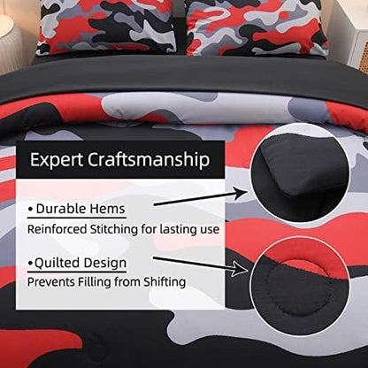 Meeting Story Camouflage Bedding Set, Colorful Pattern Style Comforter Set, 5 PCS One Comforter Two Pillowcases Two Sheets in One Bag, All Season Bedspread for Teens Adults (Red-Black,Queen5pcs