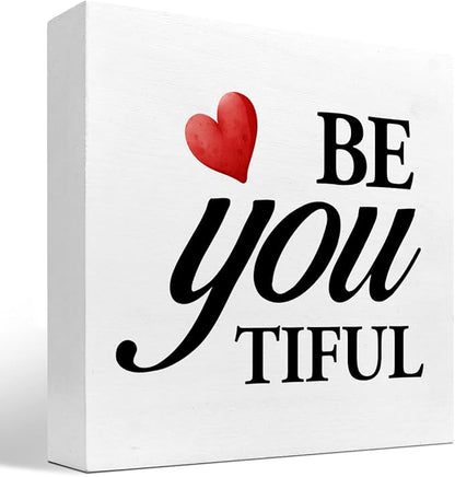 Be You Tiful Sign,Inspirational Quote Wood Box Sign,Motivational Wooden Block Signs,Positive Wood Signs,Decorations for Home Women Girl Room Office Shelf Table Decor