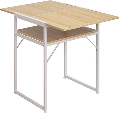 Minimalist Folding Table, Study Desk with Storage Shelf, Small Desk, Portable Computer Desk for Home, Office, Light Brown