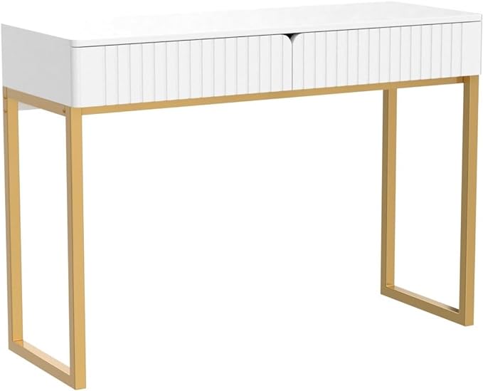 Elegant Modern Desk, 2 Drawers, Gold Legs, 43.3x15.75 inches, Home Office, Makeup Vanity, Computer, Writing, Study, Entryway, Sofa Table
