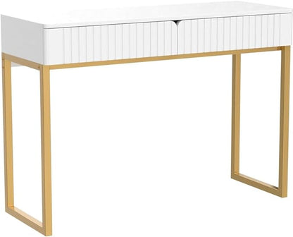 Elegant Modern Desk, 2 Drawers, Gold Legs, 43.3x15.75 inches, Home Office, Makeup Vanity, Computer, Writing, Study, Entryway, Sofa Table