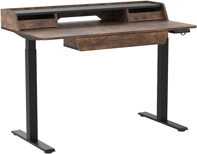 FEZIBO Standing Desk Adjustable Height with Drawers, 48 x 25 Inch Stand Up Desk with Storage Shelf, Electric Standing Desk with Storage Space, Rustic Brown Top/Black Frame