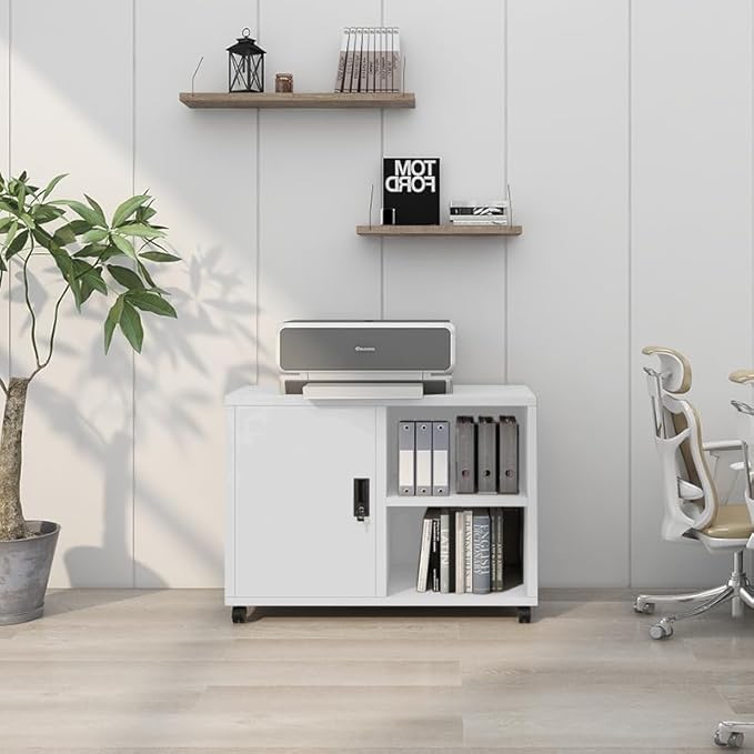 Metal Mobile Lateral File Cabinet, Storage Locker,Printer Stand with Open Storage Shelves for Office,School,Home,Living Room. (White)
