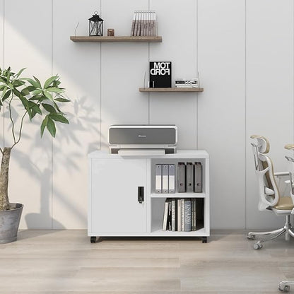 Metal Mobile Lateral File Cabinet, Storage Locker,Printer Stand with Open Storage Shelves for Office,School,Home,Living Room. (White)