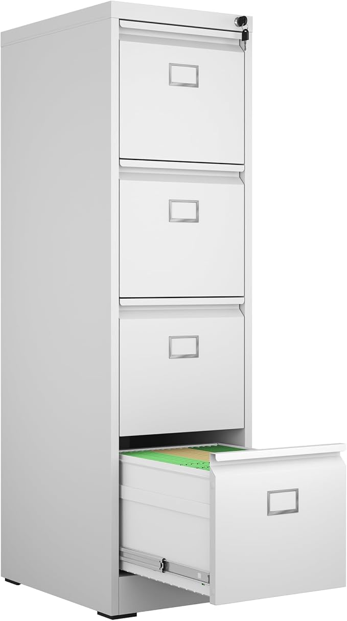 4 Drawer File Cabinet, Metal Vertical File Cabinets with Lock for Home Office, Heavy Duty Office Steel Filing Cabinet for Hanging Files for A4/ Legal/Letter,Assembly Required (White)