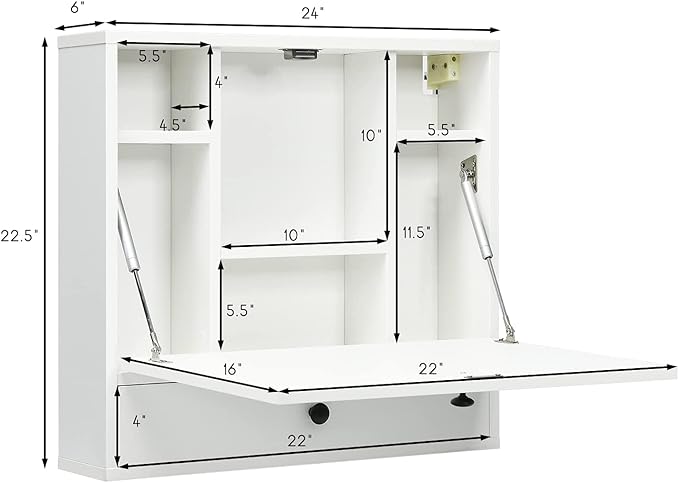 2 in 1 Foldable Tabletop, Folding Wall Mount Laptop Storage Compartments Space Saving Floating Desk, Small, White