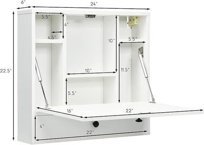 2 in 1 Foldable Tabletop, Folding Wall Mount Laptop Storage Compartments Space Saving Floating Desk, Small, White