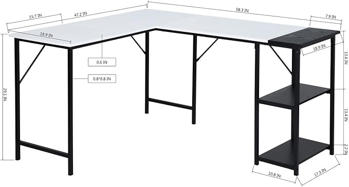 FurnitureR L-Shaped 58.3''Corner Computer Desk with Storage Shelf Long Gaming Desk for Home Office PC Workstation Saving Space Laptop Table (White and Black)