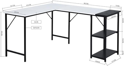 FurnitureR L-Shaped 58.3''Corner Computer Desk with Storage Shelf Long Gaming Desk for Home Office PC Workstation Saving Space Laptop Table (White and Black)