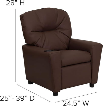 Flash Furniture Chandler LeatherSoft Kids Recliner with Cup Holder and Safety Recline, Contemporary Reclining Chair for Kids, Supports up to 90 lbs., Brown