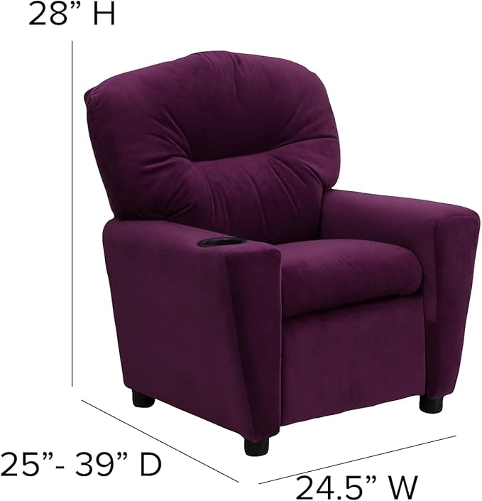 Flash Furniture Chandler Microfiber Kids Recliner with Cup Holder and Safety Recline, Contemporary Reclining Chair for Kids, Supports up to 90 lbs., Purple