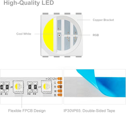 BTF-LIGHTING 5050 RGBW RGB+Cool White(6000K-7000K) 4 Colors in 1 LED Tape Light DC12V 5m 16.4ft 60LED/m Multi-Colored IP65 White 12mm PCB for Bedroom Kitchen Home Decoration(No Adapter or Controller)