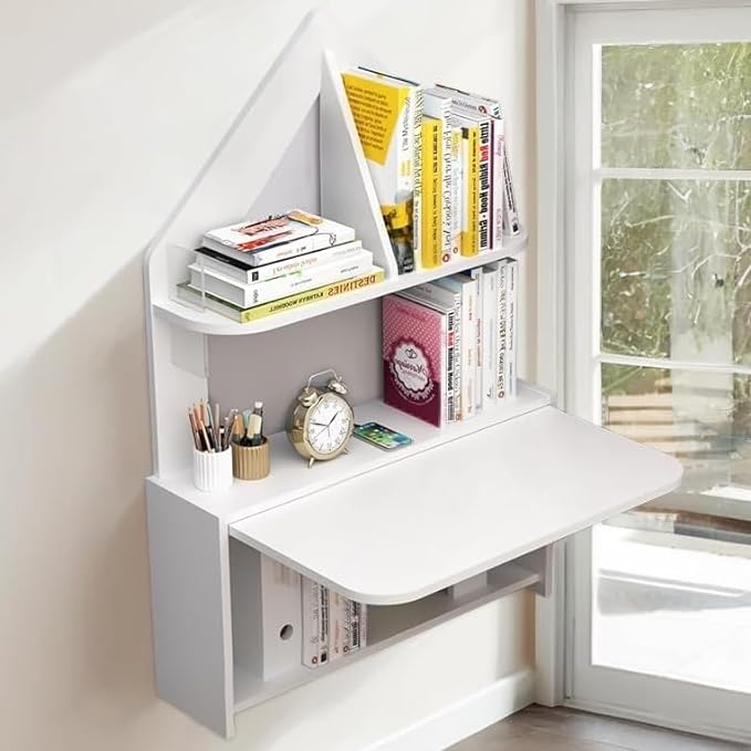 Wall Mounted Drop-Leaf Table, Floating Laptop Desk, Folding Table with Shelves, Multifunctional Computer Workstation Storage Compartments in Home Office for Space Saving (White)
