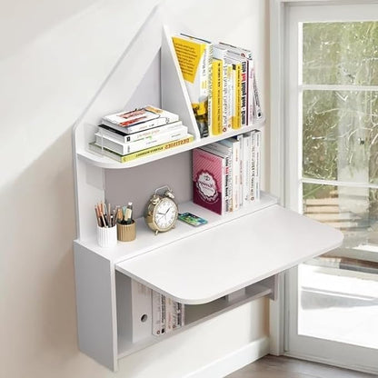 Wall Mounted Drop-Leaf Table, Floating Laptop Desk, Folding Table with Shelves, Multifunctional Computer Workstation Storage Compartments in Home Office for Space Saving (White)