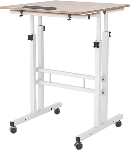 sogesfurniture Mobile Standing Desk Laptop Workstation on Wheels, Adjustable Computer Desk for Standing or Sitting, Oak 101-OK