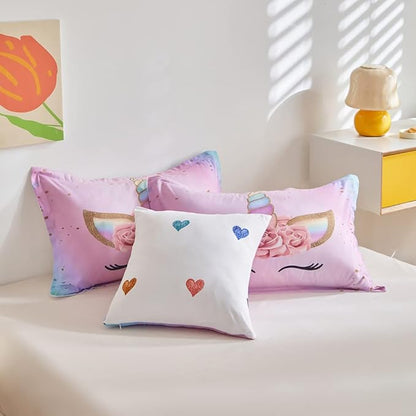 ADASMILE A & S Twin Unicorn Comforter Sets for Girls 6 Pieces Pink Floral Unicorn Bedding Set with Colorful Cute Love Heart Sheets Twin for Girls Unicorn Bed in a Bag Comforter for Home Decor