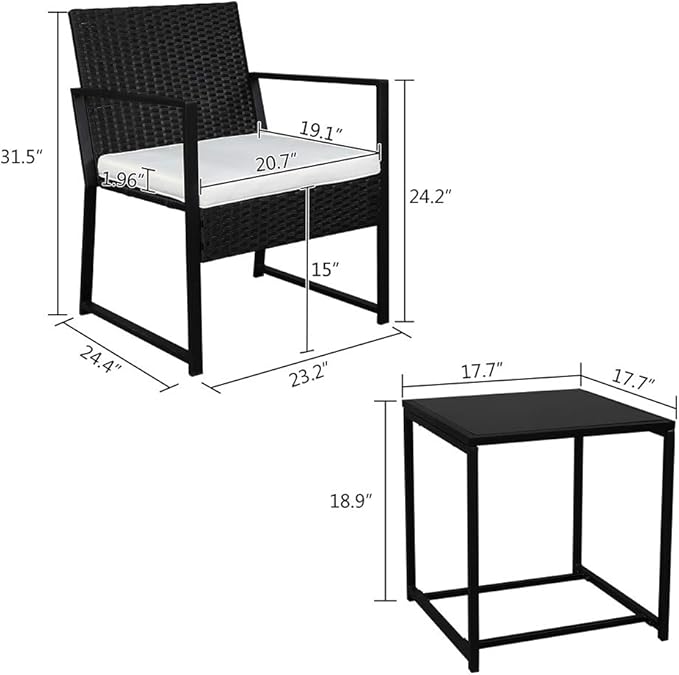 Outvita 3PCS Rattan Conversation Set, Outdoor Wicker Furniture Bistro Set 2 Chairs and Glass Top Table for Small Balcony Backyard Patio(Black)
