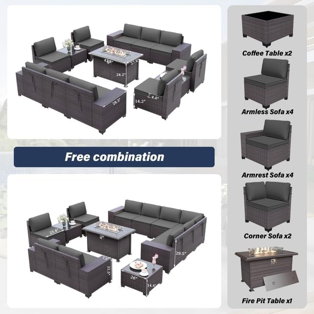 Patio Furniture Sectional Sofa Set 13-Pieces PE Rattan Patio Conversation Set w/43in Gas Fire Pit Table, Outdoor Furniture with 55000 BTU Propane Fire Pit, Grey