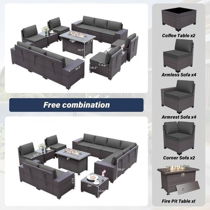 Patio Furniture Sectional Sofa Set 13-Pieces PE Rattan Patio Conversation Set w/43in Gas Fire Pit Table, Outdoor Furniture with 55000 BTU Propane Fire Pit, Grey
