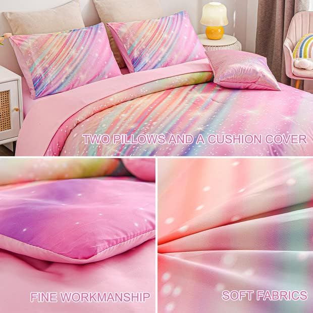Btargot 6 Pieces Pink Gradient Star Ring Comforter Set for Boys Girls Teens, Twin Size Colorful Glitter Rainbow Star Galaxy Bedding Set