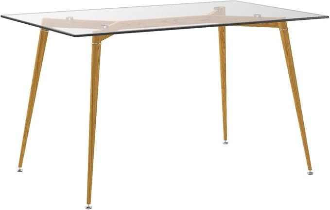 IDS Home Office Furniture Contemporary Computer Desk, 0.31” inch Tempered Transparent Glass Tabletop Writing Table (Metal Leg(Wooden Skin))