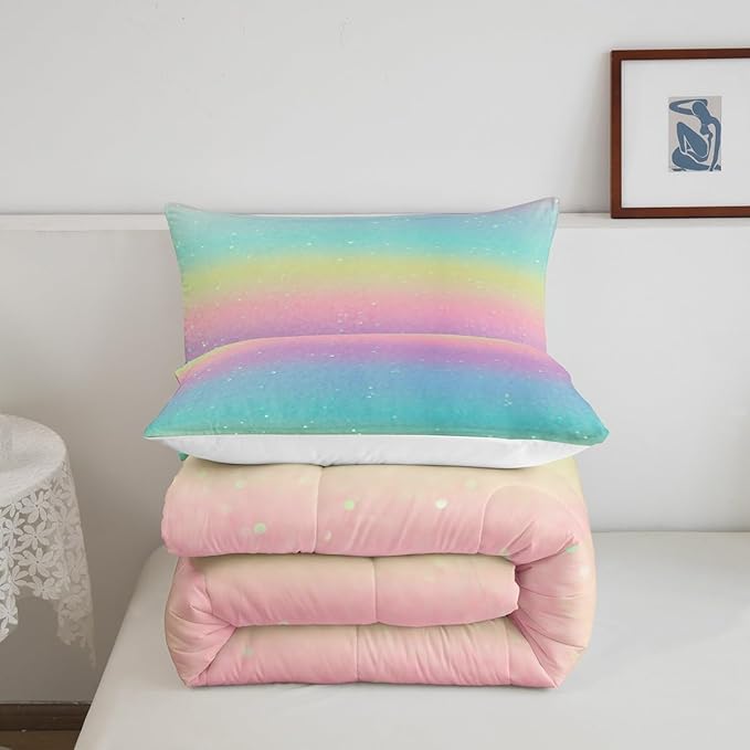 Erosebridal Blue Gradient Bedding Rainbow Tie Dye Bedding Comforter Sets for Kids Boys Girls Bedroom, Galaxy Glitter Comforter Set Pastel Watercolor Sparkle Quilt with 2 Pillowcases, Queen