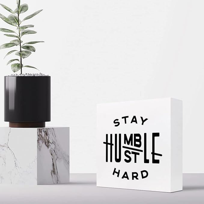Stay Humble Hustle Hard Sign,Inspirational Quote Wood Box Sign,Motivational Wooden Block Signs,Positive Wood Signs,Entrepreneur Decorations for Home Office Shelf Table Decor