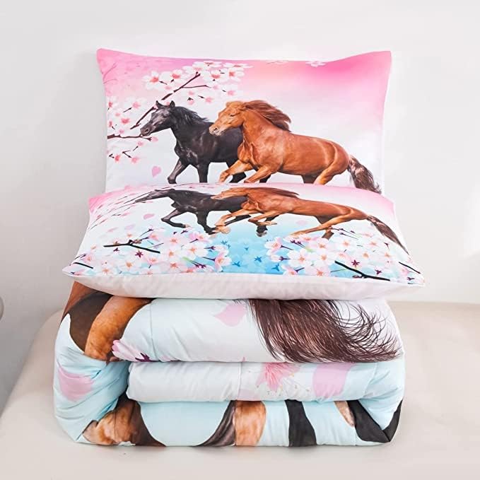 Feelyou Kids Horse Comforter Set for Girls King Size Chic Cherry Blossom Bedding Set for Horse Lover Gift Galloping Horse Printed Comforter 3D Wild Animal Duvet Set Bedroom Decor Quilt Set 3Pcs
