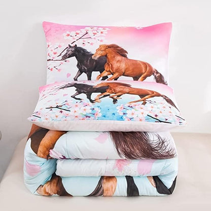 Feelyou Kids Horse Comforter Set for Girls King Size Chic Cherry Blossom Bedding Set for Horse Lover Gift Galloping Horse Printed Comforter 3D Wild Animal Duvet Set Bedroom Decor Quilt Set 3Pcs